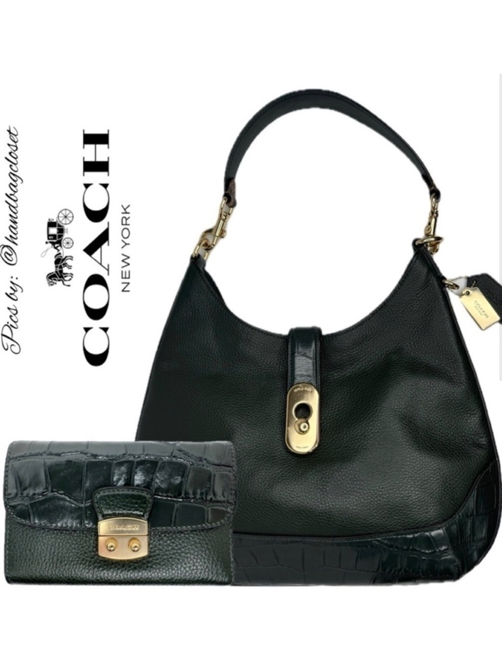 COACH AMBER IVY GREEN MIXED CROC LEATHER GOLD SHOULDER BAG AND WALLET SET